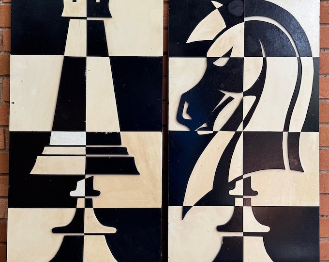 Vintage Black White Dimensional Chess Modern Abstract Art Wall Hangings MCM 60s