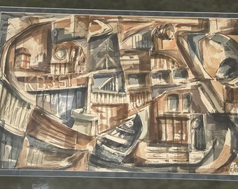 Nice Vintage Abstract Harbor Watercolor Painting Mid Century Modern Art Signed S.K. Eaton
