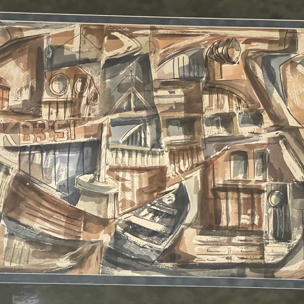 Nice Vintage Abstract Harbor Watercolor Painting Mid Century Modern Art Signed S.K. Eaton