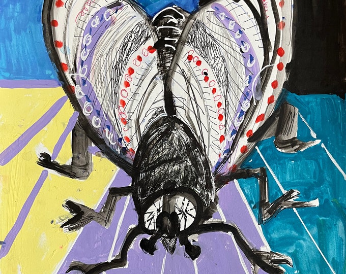 Vintage 70s Mixed Media Paint Ink Fly Artwork Painting Modern Art Signed Johnson