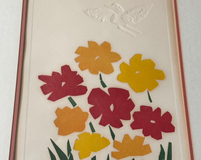 Vintage 70s Embossed Floral Lithograph Print Modern Art Wall Hanging Rosenhouse