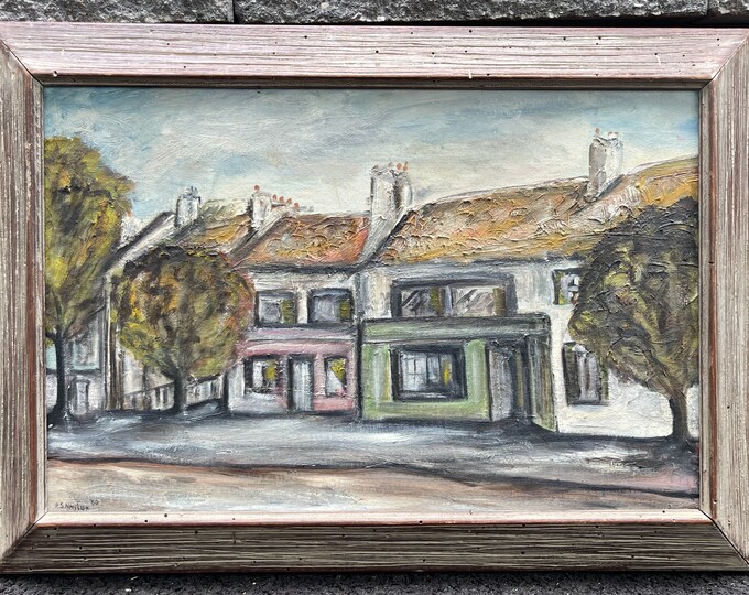 Vintage 1960s Landscape Architecture Scenery Oil Painting Mid Century Wall Art Signed Naylor