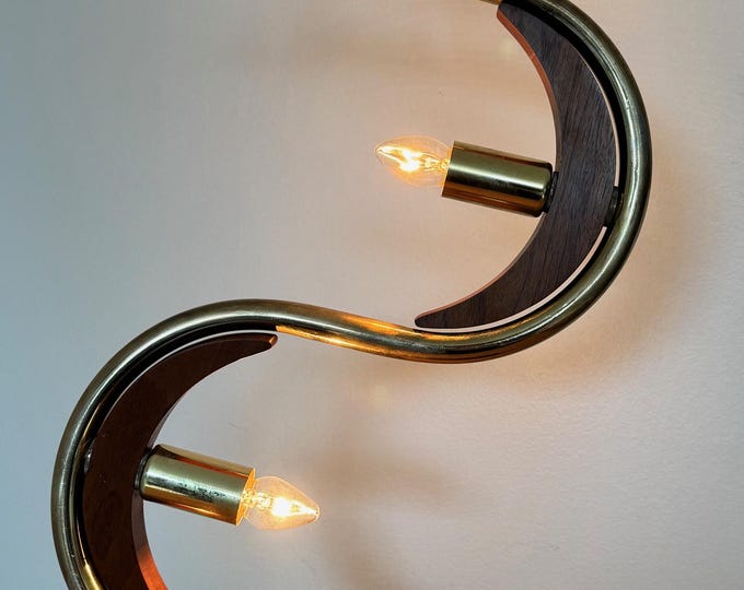 Vintage 50s MCM Boomerang Lamp Brass Wood Mid Century Modern Atomic Majestic