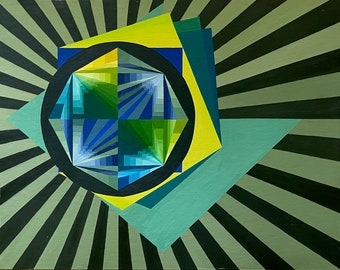 VIntage 80s Geometric Optical Art Hard Edge Painting Modern Wall Hanging Signed Dena Sonells