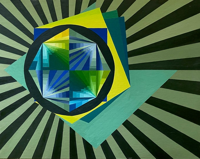 VIntage 80s Geometric Optical Art Hard Edge Painting Modern Wall Hanging Signed Dena Sonells