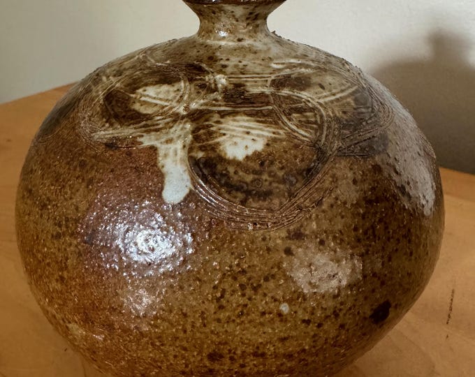 Vintage Studio Pottery Stoneware Ceramic Vase Bulbous Modern Signed Earthtones Signed LEH