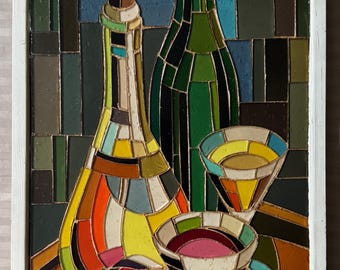 Vintage 1960s Glass Mosaic Bottles Glasses Mid Century Modern Art Wall Hanging