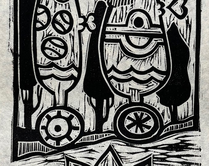 Vintage 70s Chuck Shoemaker Black White Woodcut Print Figural Modern Art - 4