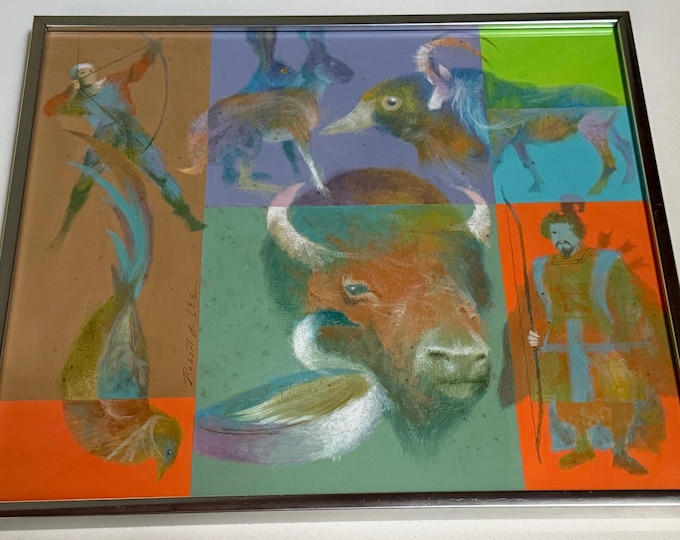 Vintage 60s MCM Mixed Media Gouache Pastel Painting Mid Century Modern Art Signed Lee "The Hunter"