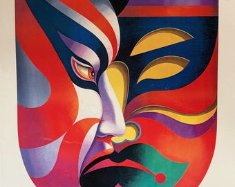 Vintage 80s Double Masked Serigraph Print Tom Kamifuji Art Abstract Kabuki Mask
