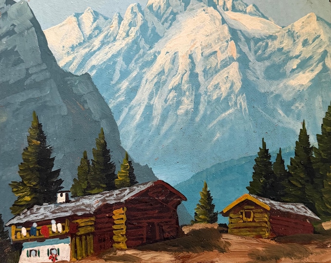 Vintage Mountains Landscape Painting Modern Art Wall Hanging Signed Herwig 60s