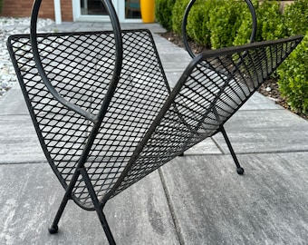 Vintage 50s 60s Iron Mesh Magazine Stand Holder Atomic Era Mid Century Modern