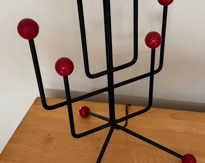 Vintage MCM Red Atomic Ball Lamp Wood Metal Mid Century Modern Lighting 50s