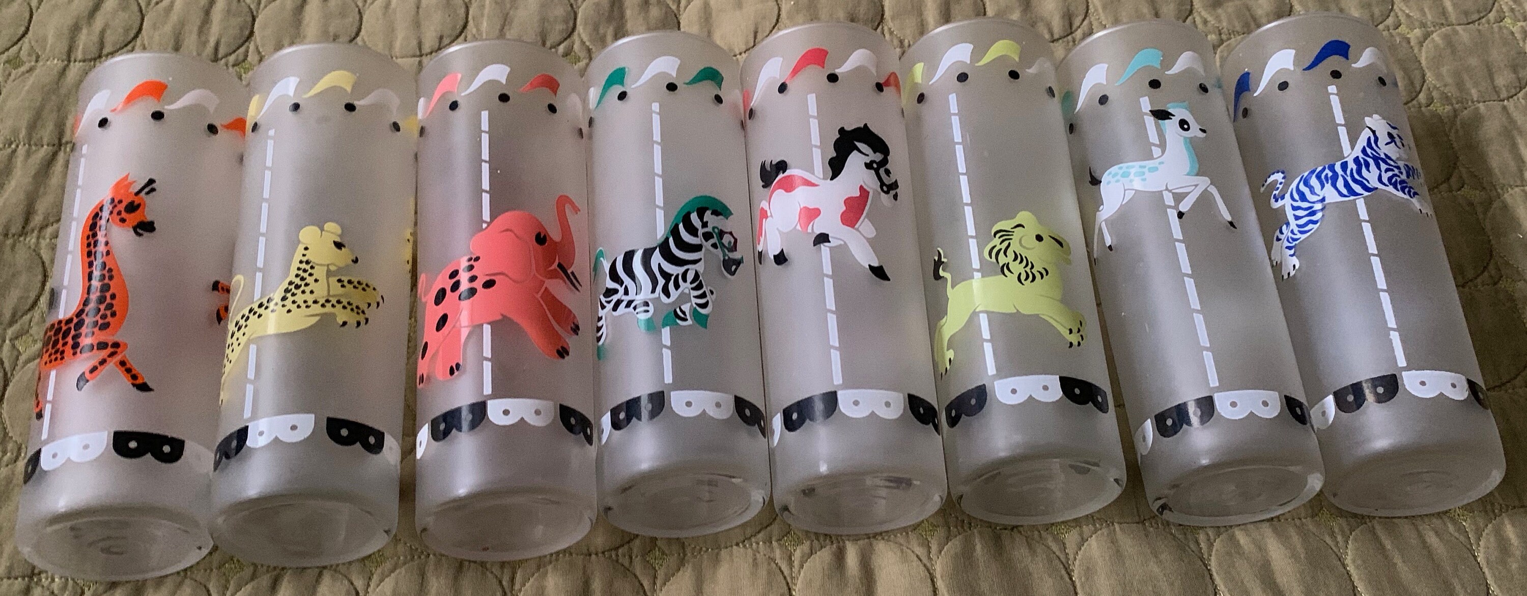 Fun Set 8 Vintage Frosted Carousel Merry Go Round Animals Glasses Mid