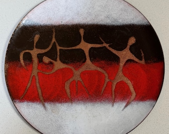 Vintage MCM Bovano of Cheshire Enamel Copper Abstract Dancers Dish Mid Century 60s