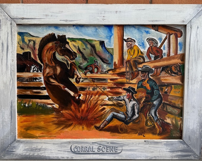 Vintage Western Corral Scene Oil Painting Signed Hart 1950s Horses Equestrian