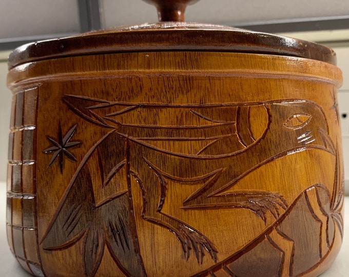 Vintage Hand Carved Decorative Native Folk Art Wooden Bowl Mid Century Modern 60s 70s
