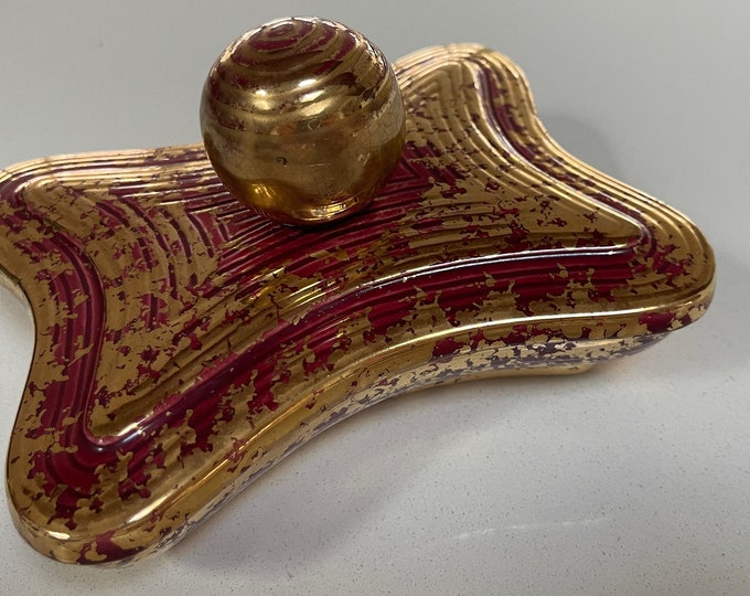 Vintage Red Gold Amoeba Shaped Ceramic Covered Dish Yona Mid Century Modern 50s