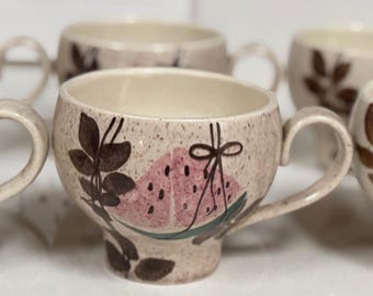 Vintage RED WING Tampico Handled Cups Dinnerware Mid Century Fruit Leaves MCM x6