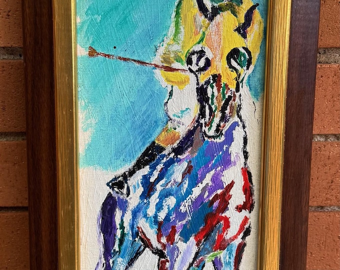 Vintage 70s Abstract Horse Jockey Oil Painting Canvas Board Framed Modern Art