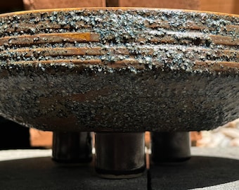 Vintage Round Ceramic Console Bowl Footed Tripod Modern Pottery Textured 1970s