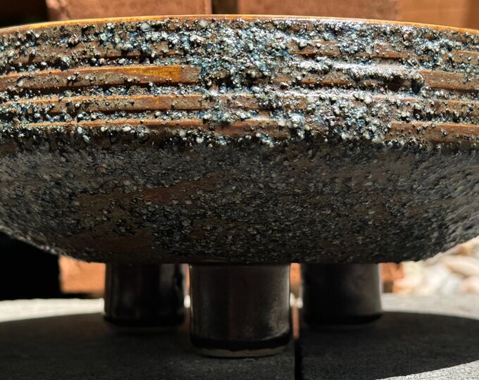 Vintage Round Ceramic Console Bowl Footed Tripod Modern Pottery Textured 1970s