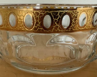 Vintage Gold Circles Clear Glass Faceted Bowl Arcoroc France Culver Antigua 60s