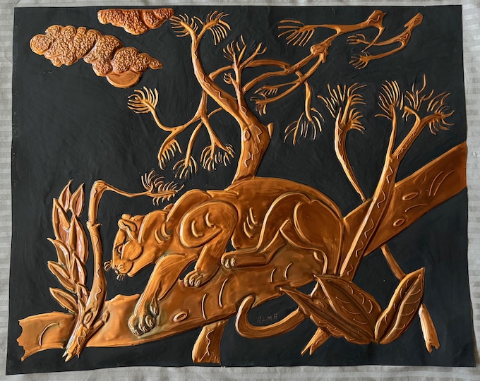Vintage 50s MCM Copper Panther Wall Art Mid Century Modern Dimensional Signed