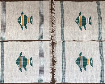 Set 4 Vintage Linen Cloth Atomic Fish Placemats Mid Century Modern Kitchenware