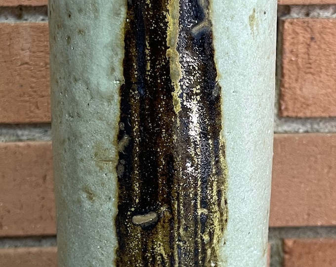 Vintage Handmade Decorative Beige Brown Columnar Studio Pottery Stoneware Ceramic Vase