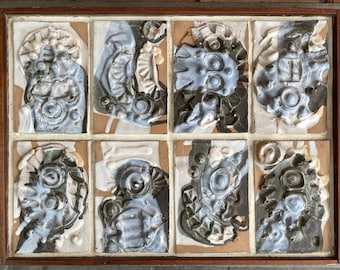 Vintage 60s Abstract Ceramic Stoneware Tile Plaque Wall Hanging Mid Century Modern Signed