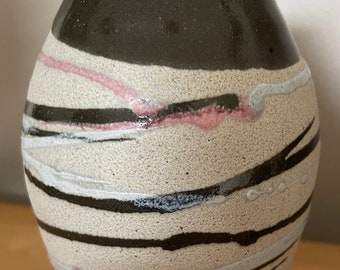 Vintage 80s Beige Brown Pink Ceramic Vase Modern Pottery Art Jamaica Signed