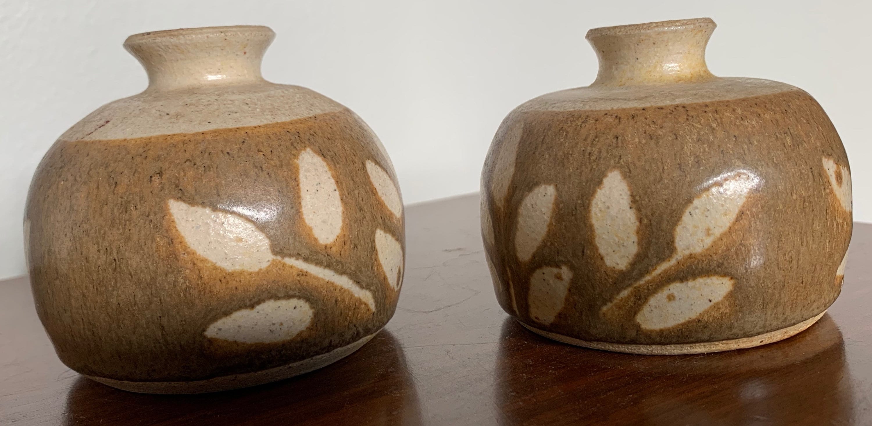 Pair Rounded Vintage Stoneware Studio Pottery Vases Vessels Mid Century