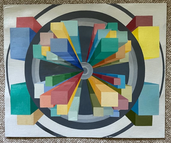 Vintage 80s Geometric Optical Art Hard Edge Painting Modern
