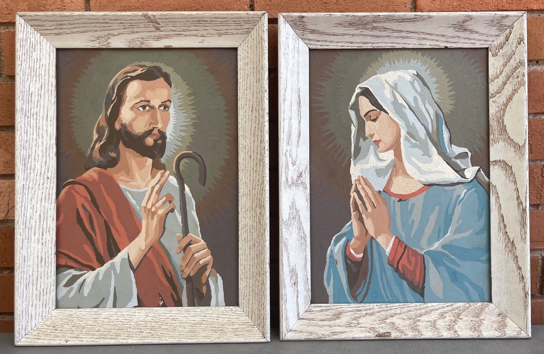 Vintage Jesus Mary Paint by Numbers Wall Hangings Framed Religious Art