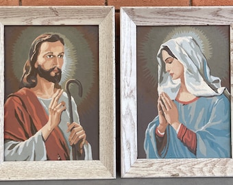 Vintage Jesus Mary Paint By Numbers Wall Hangings Framed Religious Art