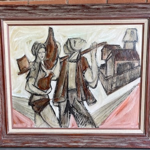 Large Vintage 60s Abstract Figural Landscape Oil Painting Mid Century Modern Art Signed Moshe