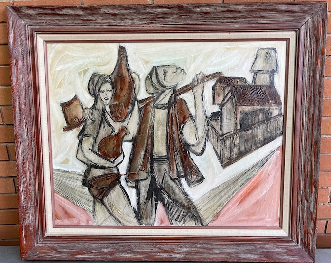 Large Vintage 60s Abstract Figural Landscape Oil Painting Mid Century Modern Art Signed Moshe