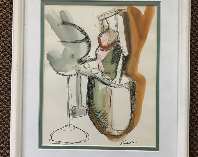 Vintage 60s Ink Watercolor Mixed Media Retro Art Wall Hanging Abstract Mid Century Modern Sixties Signed Kinsella