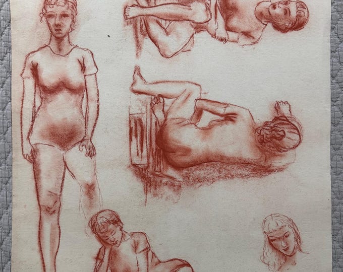 Vintage Figural Women Charcoal Drawing Illustration Modern Art Signed Higgins 10