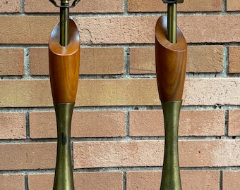Nice Pair 60s Walnut Brass Vintage Table Lamps Mid Century Modern Lighting MCM
