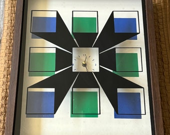 Vintage 60s 70s Rectangular Green Blue Black Geometric Cube Clock Mid Century MCM Modern Time