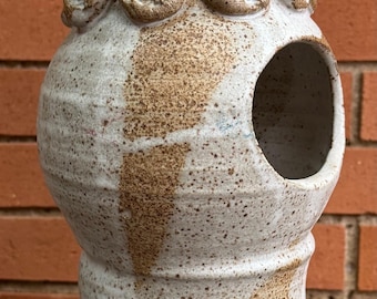 Vintage Beige Studio Pottery Vase Cuts Outs Ceramic Stoneware Modern Signed 70s