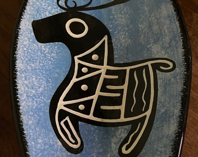 Vintage Ceramic Incised Art Pottery Ashtray Dish Blue Black White Modern Animal Deer