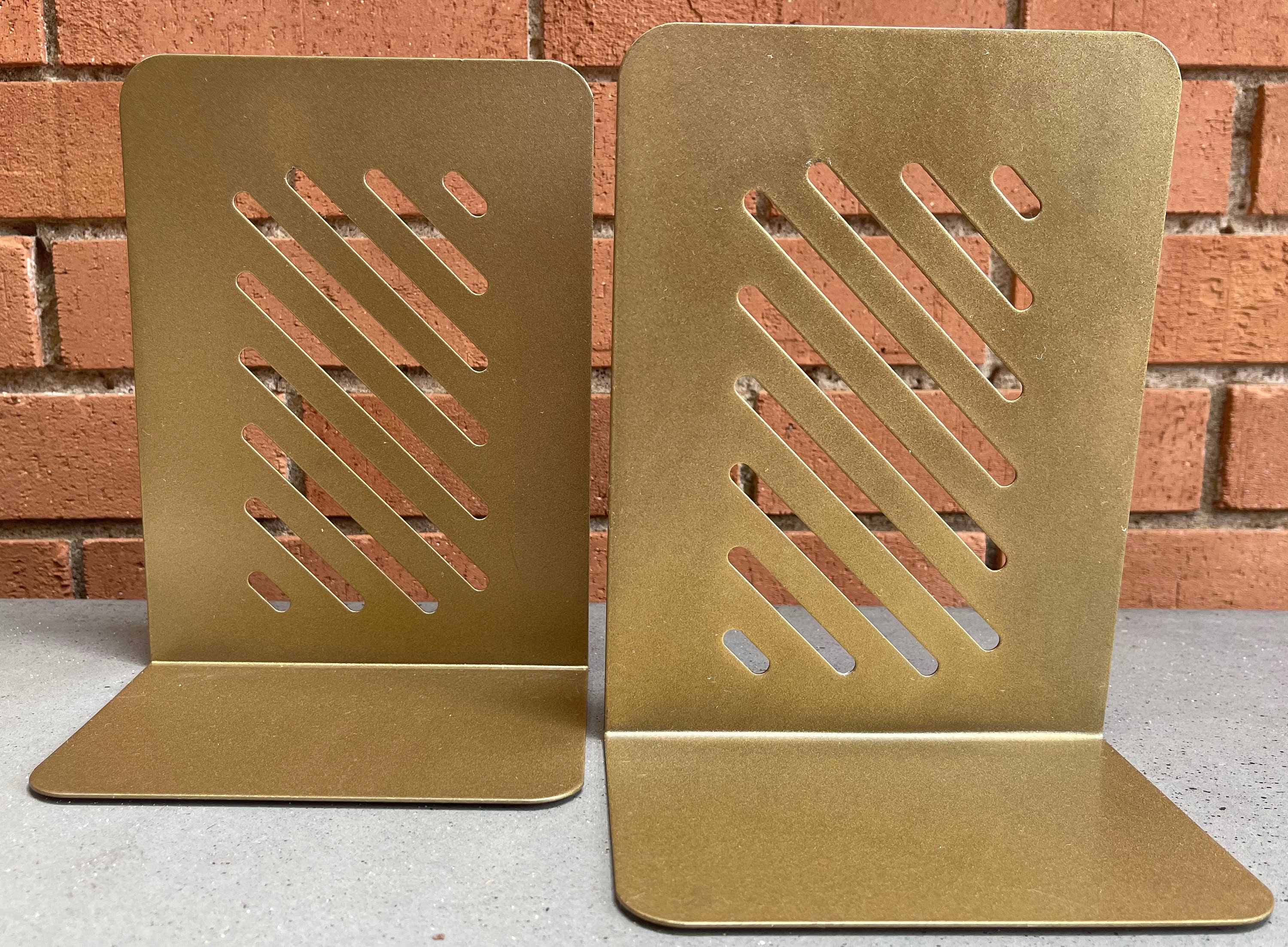 Large Pair Contemporary Gold Metal Horizontal Cut Outs Modern Bookends