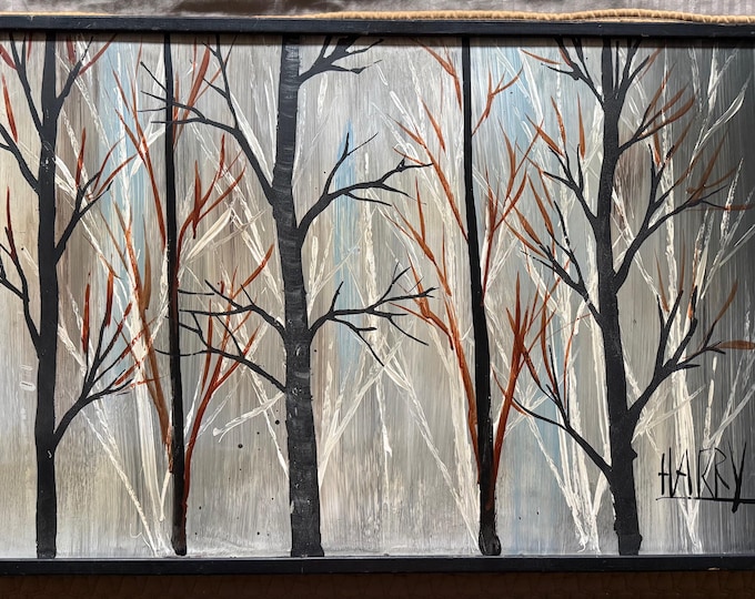 Vintage 70s Treescape Landscape Painting Modern Art Wall Hanging Signed Harry