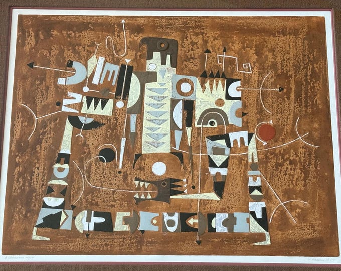 Vintage 1970s Abstract Hand Painted Relief Print Signed Hansen Modern Art Framed