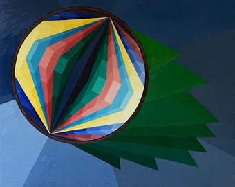 VIntage 80s Geometric Optical Art Hard Edge Painting Modern Wall Hanging Signed