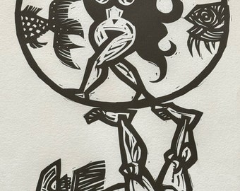Vintage Black White Figural Linocut Print Mid Century MCM Modern Signed Cyril Satorsky Ltd. Ed.