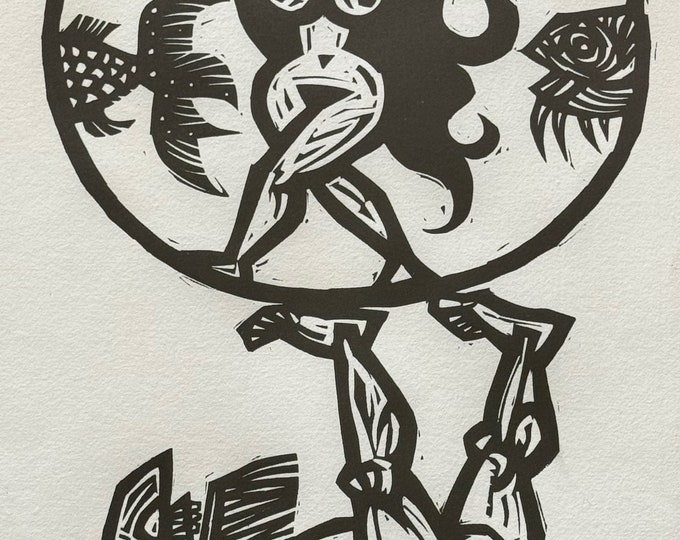 Vintage Black White Figural Linocut Print Mid Century MCM Modern Signed Cyril Satorsky Ltd. Ed.